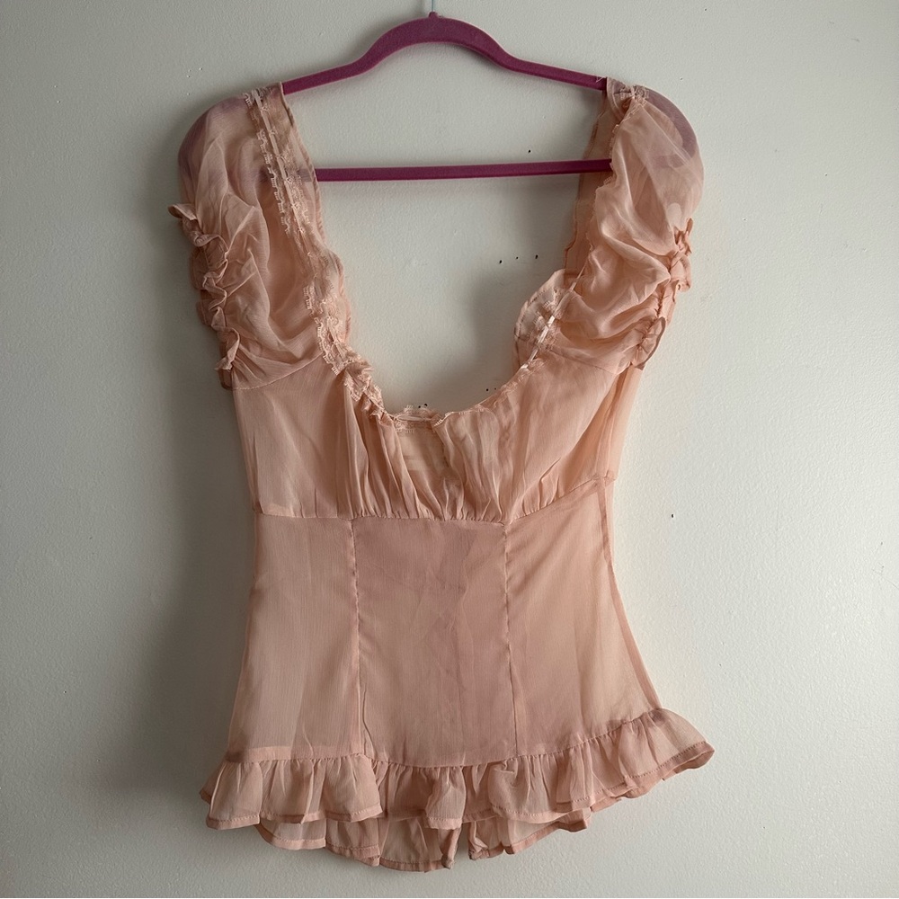 Urban Outfitters • Angie Semi-Sheer Puff Sleeve Blouse in Pink - Picture 7 of 8